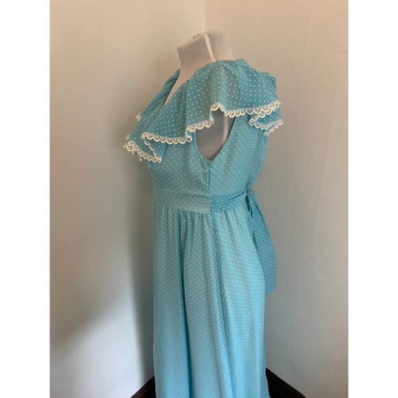 VTG 70s Boho Maxi Dress Blue Polka Dot Prairie Country Ruffle Gunne Handmade - Picture 11 of 16